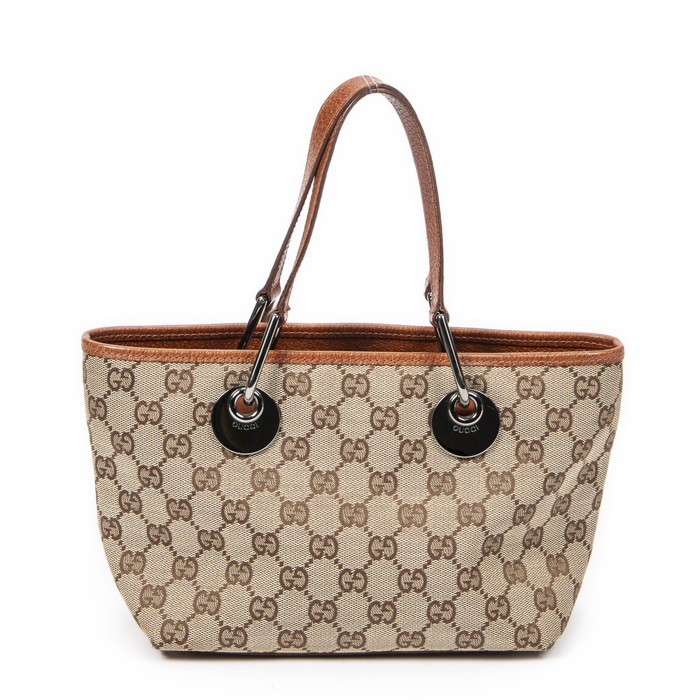 Gucci Beige Brown GG Canvas Shoulder Tote with Leather Trim